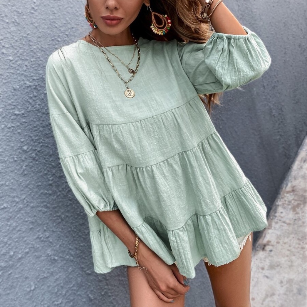 Boho Layered Ruffle 3/4 sleeve Oversized Top Lilac - Picture 10 of 12
